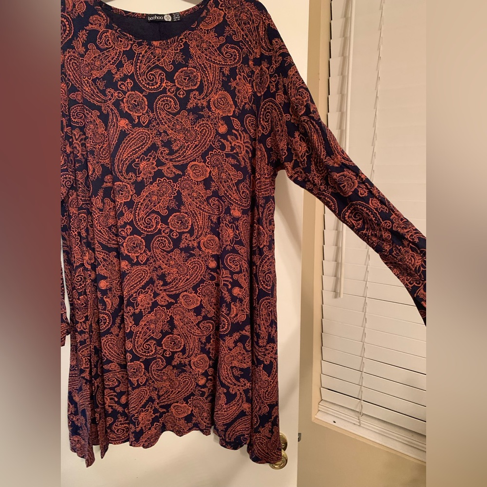 Boohoo Plus Long Sleeve Paisley Print Swing Dress Size 18 Fall Dress